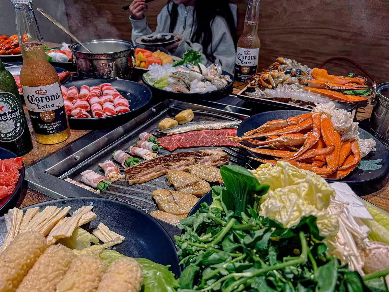 Spread of BBQ meats, seafood and vegetables at Lucky 199, a Asian Fusion Restaurant in Staten Island